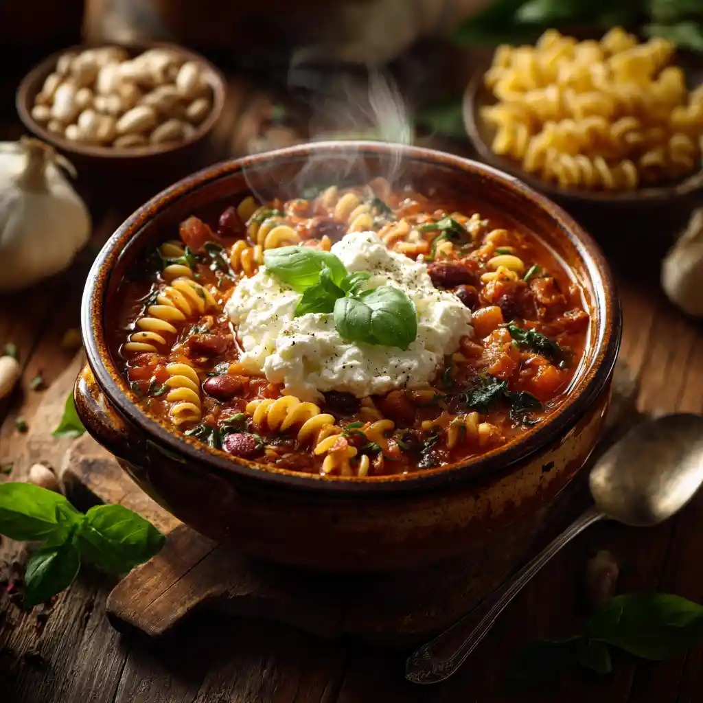 High protein lasagna soup with cottage cheese and basil in a rustic ceramic bowl