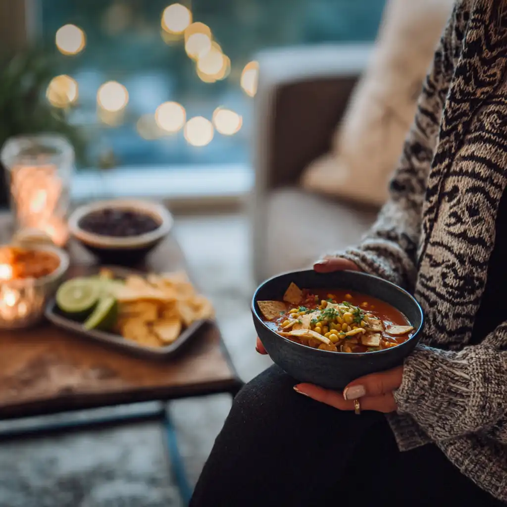 Homemade chicken tortilla soup in a cozy living room setting