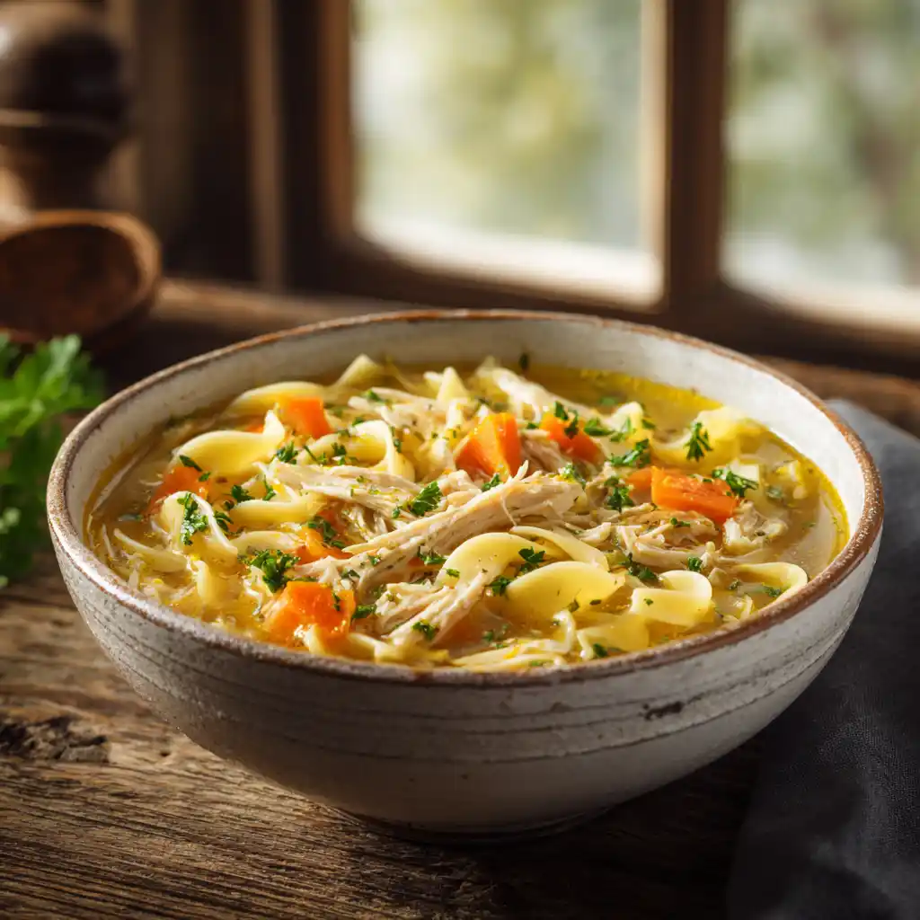 Homemade copycat Panera chicken noodle soup in a rustic bowl