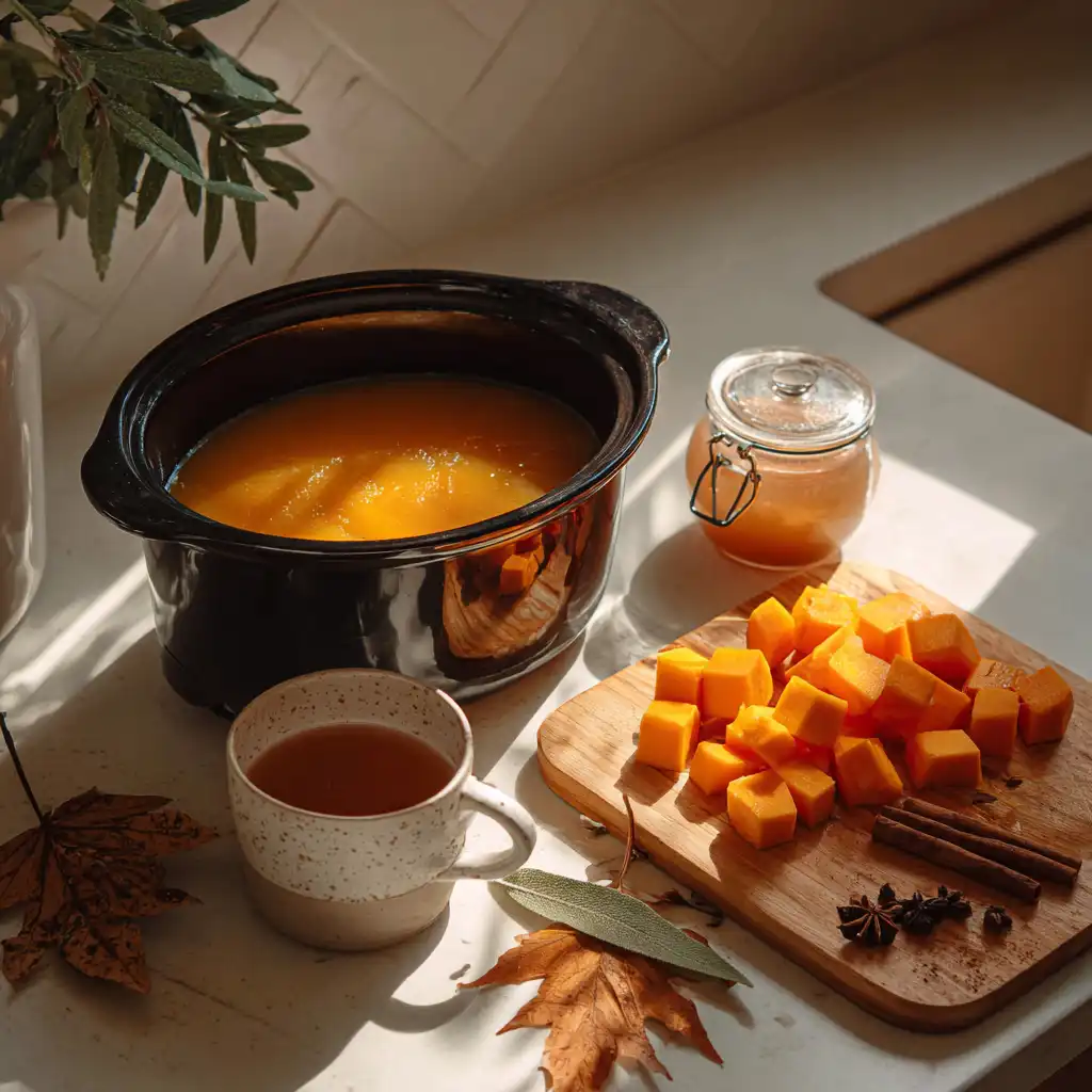 butternut squash soup in crock pot_Ingredients for crock pot butternut squash soup on kitchen counter