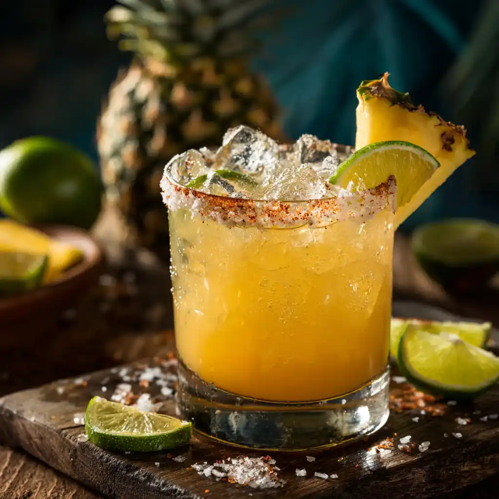 Jamaican Cowboy Drink with pineapple and lime in a salt-rimmed glass