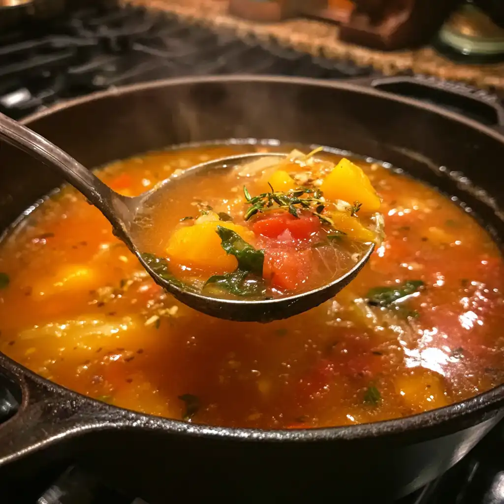 Ladle of homemade butternut squash tomato soup over a simmering pot