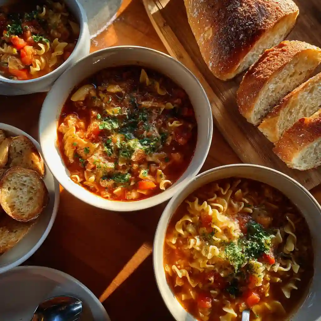Lasagna soup topped with ricotta and herbs, served with garlic bread