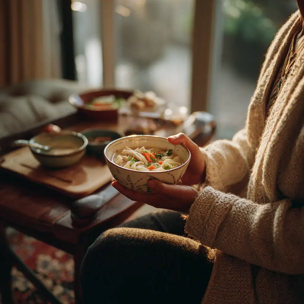 Living room scene with cozy cardigan and homemade chicken noodle soup