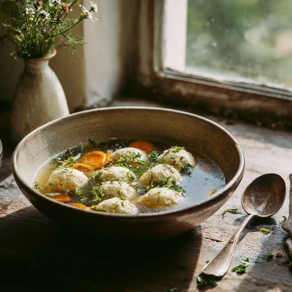 Matzo ball soup recipe served on a rustic table with spoon and herbs