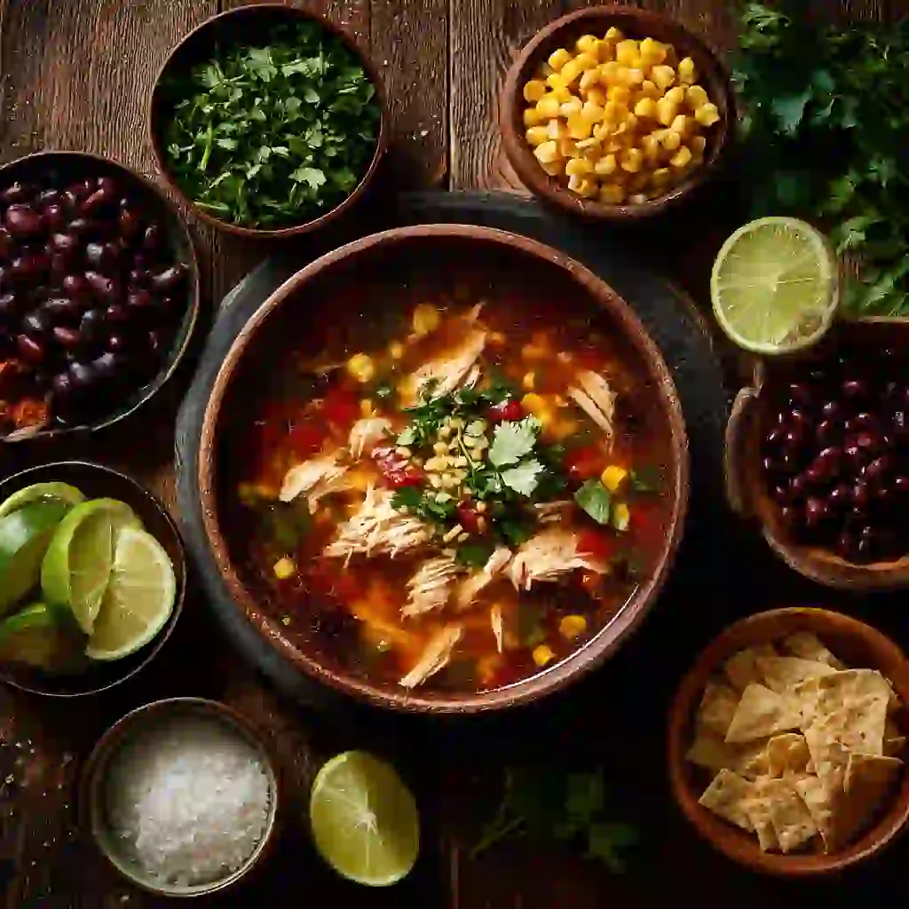 Overhead shot of chicken tortilla soup with surrounding ingredients