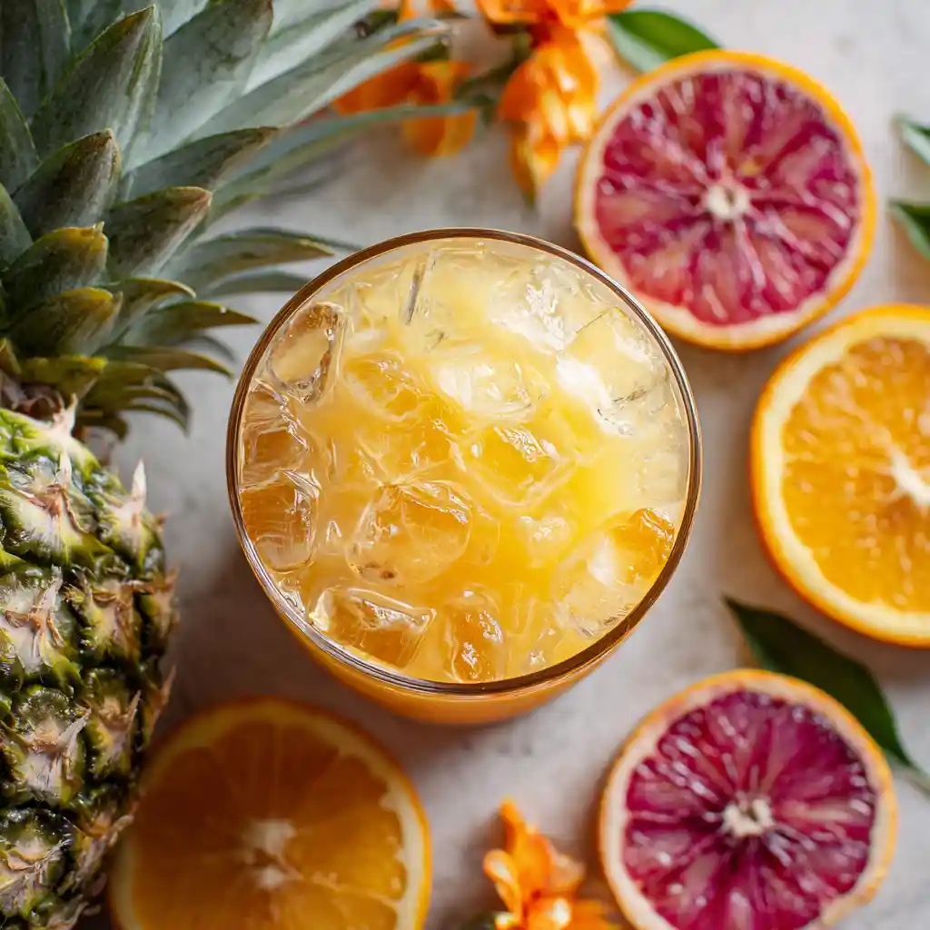 Overhead shot of Jamaican Cowboy cocktail with fruit ingredients