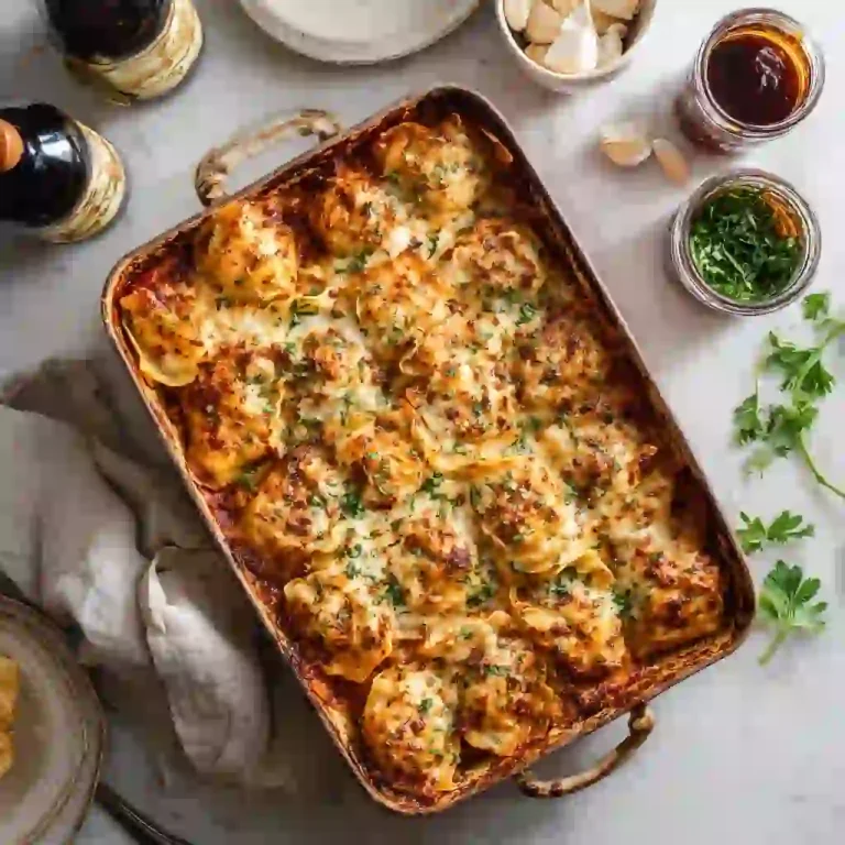 Overhead view of dumpling lasagna with wrappers and ingredients around
