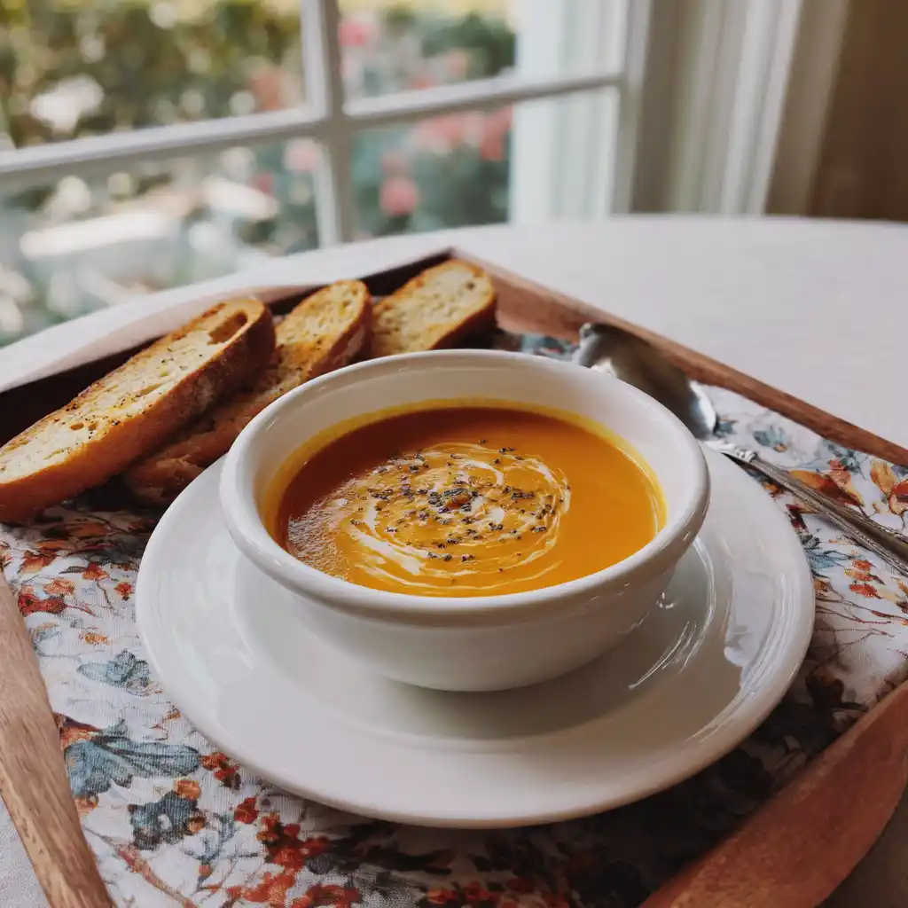 Panera-style butternut squash soup in a ceramic bowl with creamy texture