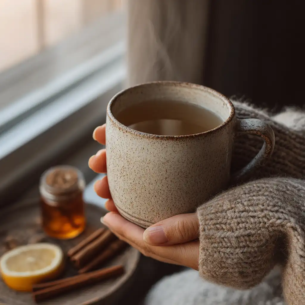 Person holding bedtime hot water drink in cozy living room