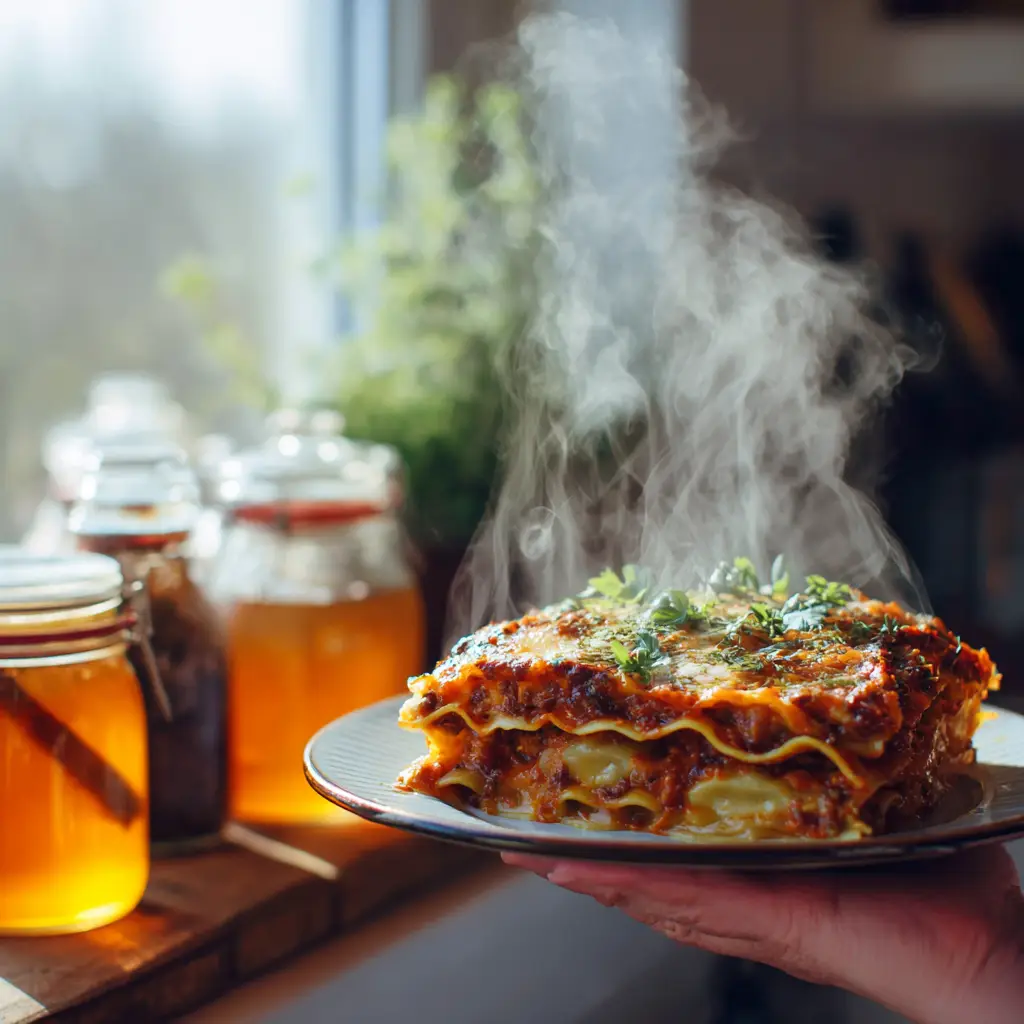 dumpling lasagna recipe_Person in cardigan holding a bowl of dumpling lasagna in a relaxed living room