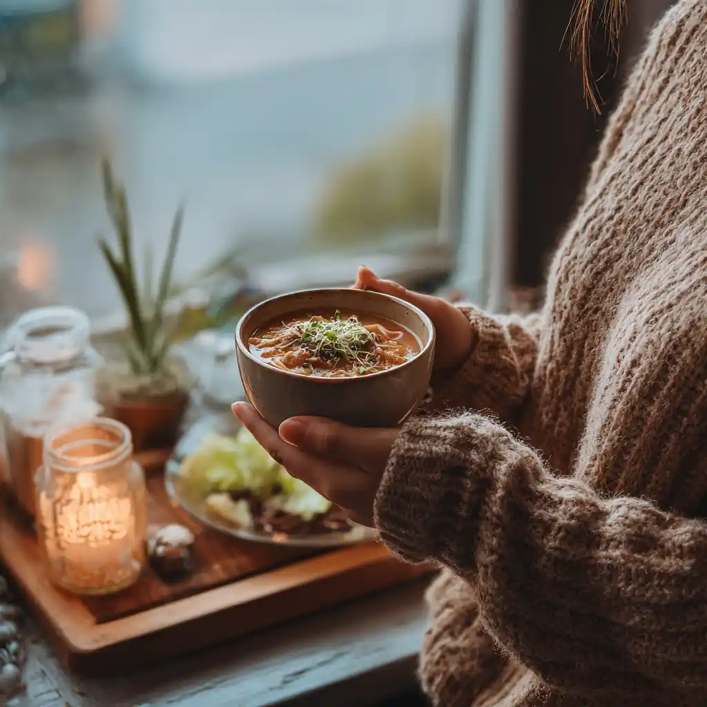 Person in cardigan holding lasagna soup in cozy living room setting