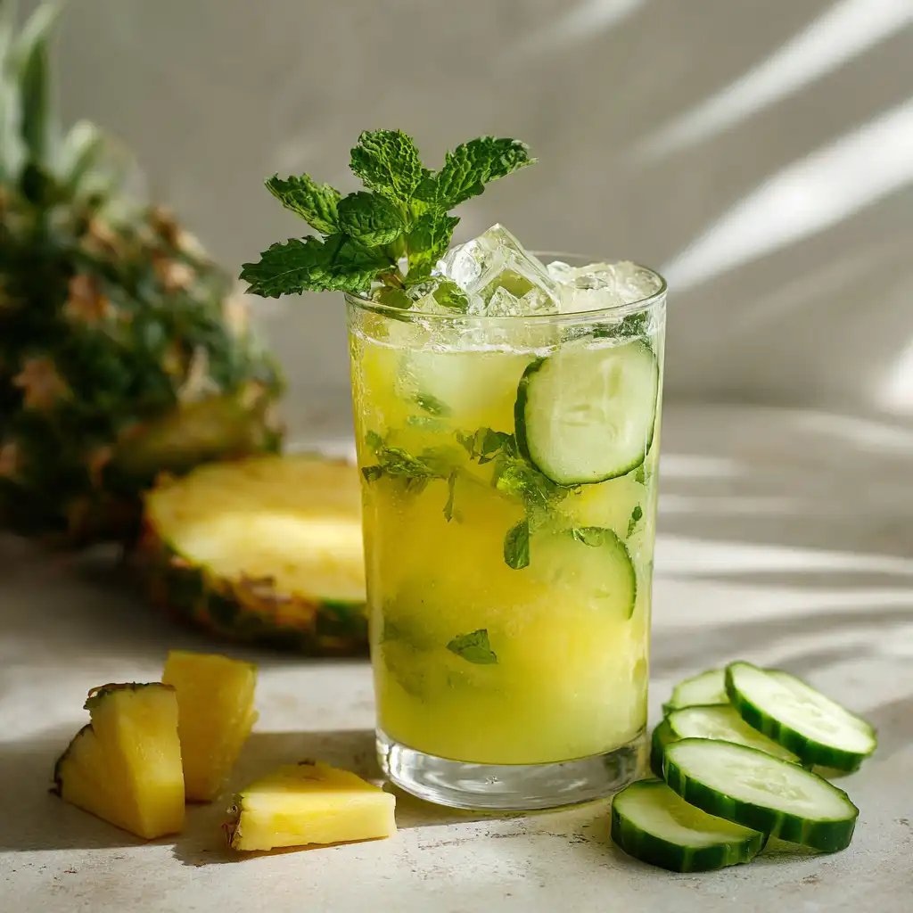 Cozy living room scene with pineapple cucumber drink
