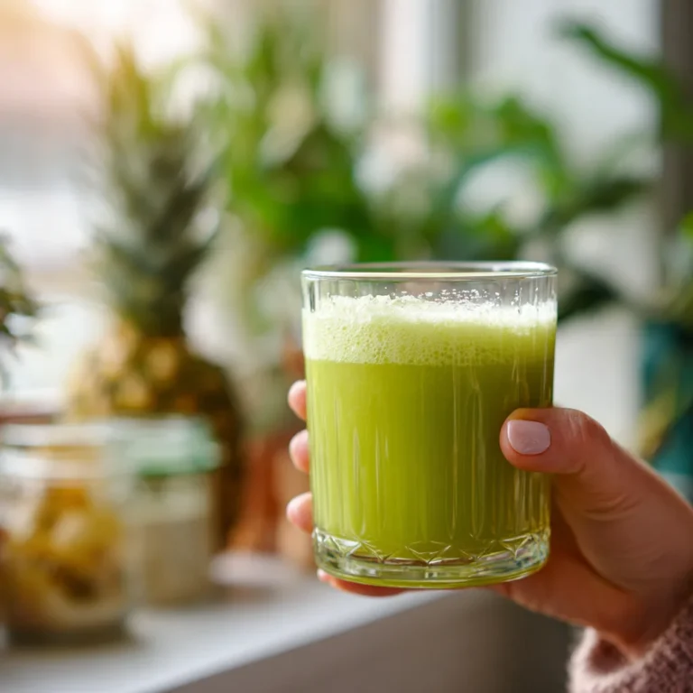 Flat lay of pineapple cucumber detox water in a jar with lemon and mint