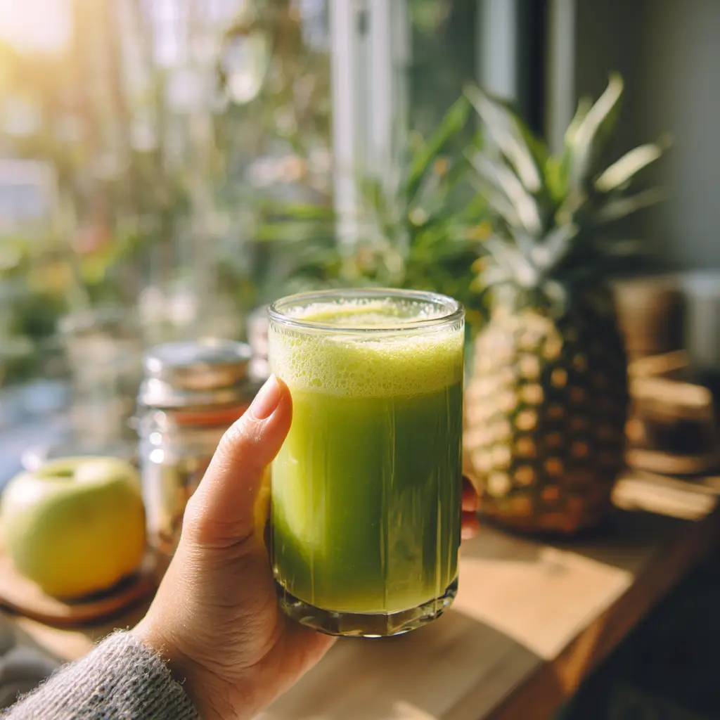 Close-up of pineapple cucumber drink with visible condensation