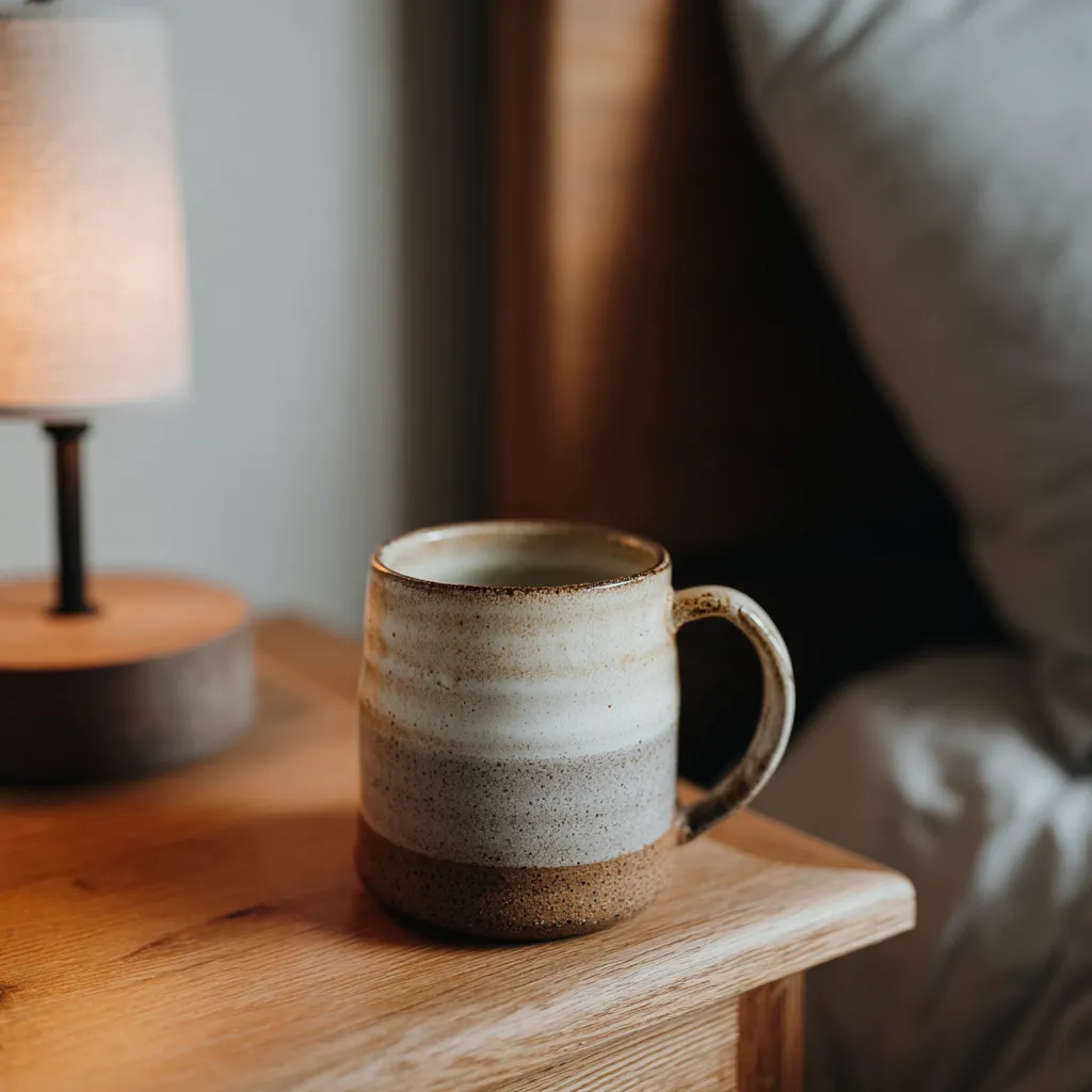 Plain hot water in a ceramic mug on a nightstand before sleep