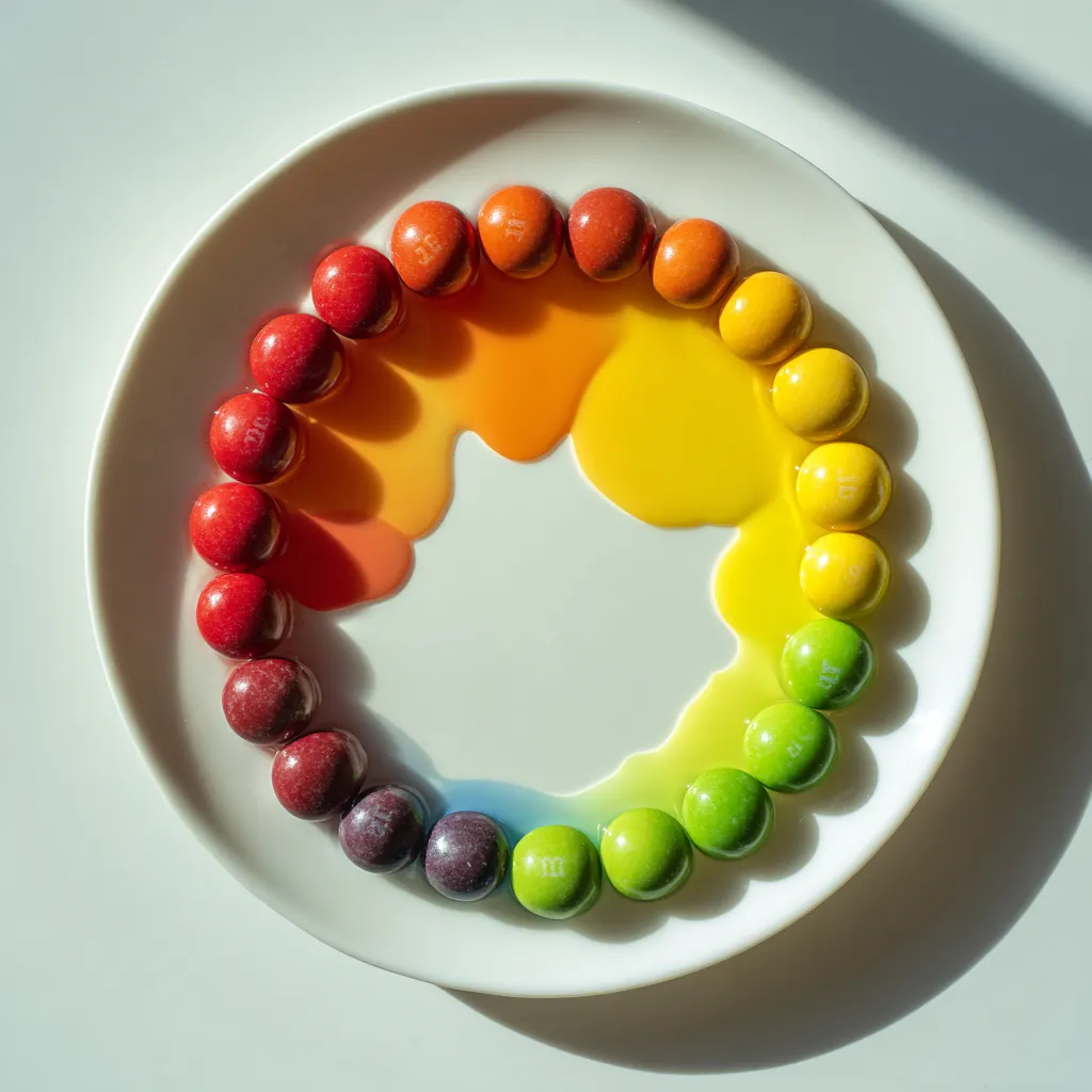 Skittles arranged in a circle with swirling rainbow colors in warm water
