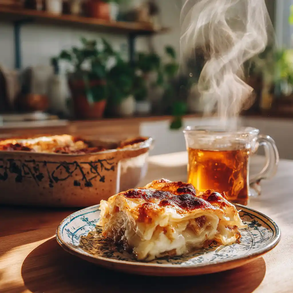 Sliced dumpling lasagna on ceramic plate with ginger tea in background