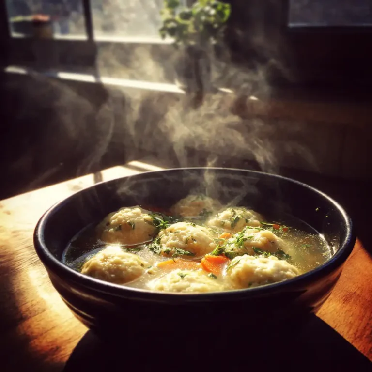 Steam rising from a bowl of matzo ball soup on a sunny kitchen counter