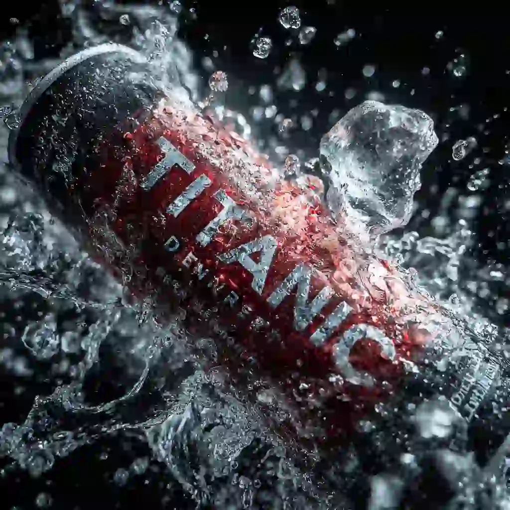 Titanic Energy Drink splashing over ice in dramatic close-up