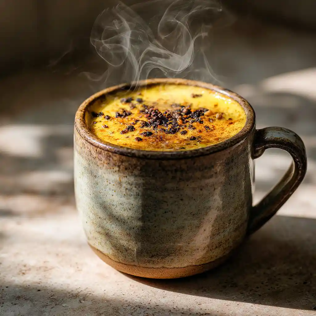 Turmeric hack drink in a ceramic mug with steam and black pepper on top