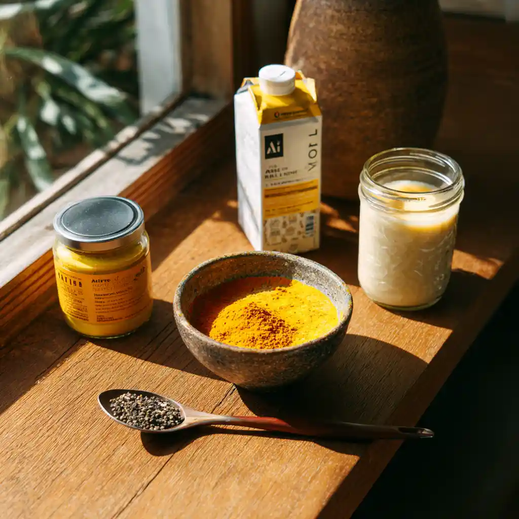 Turmeric hack ingredients laid out on a wooden counter with sunlight