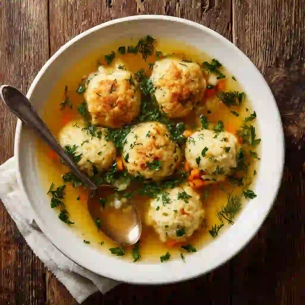 Warm bowl of matzo ball soup with fluffy dumplings and dill