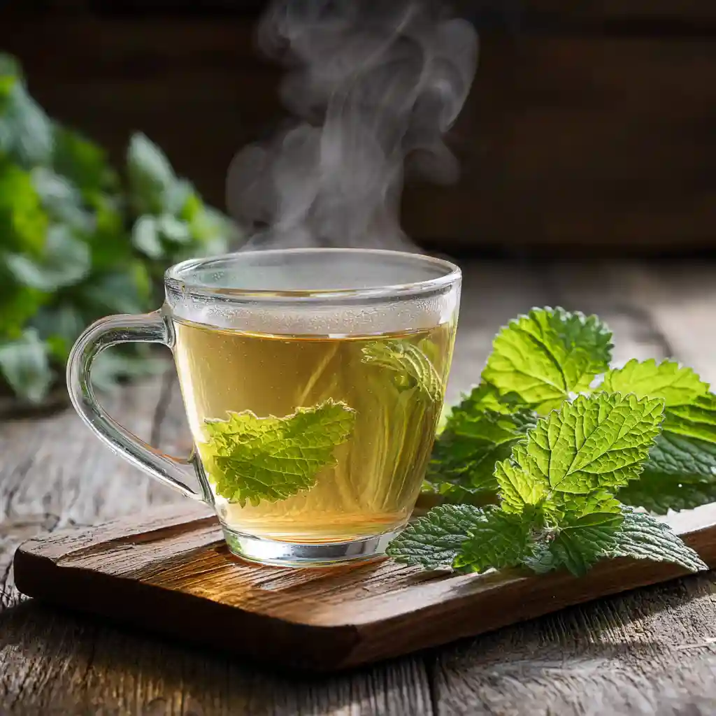 Warm lemon balm tea in a clear glass mug on a rustic tray