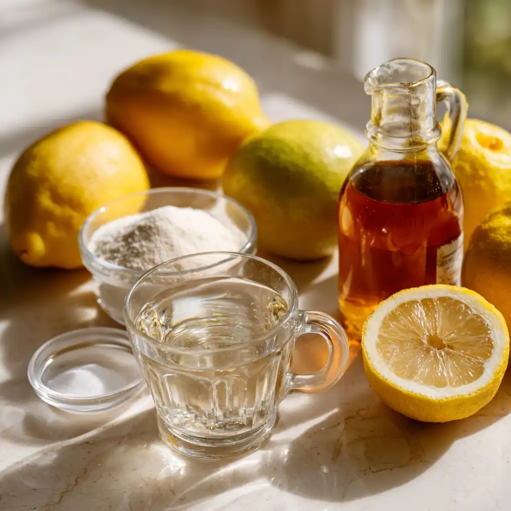 Hand holding a warm gelatin lemon drink by a kitchen window