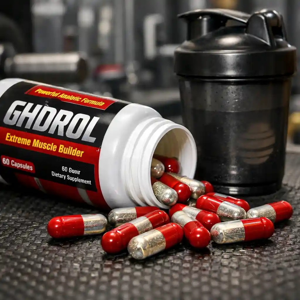 Person researching GHDROL supplement on laptop with gym gear nearby
