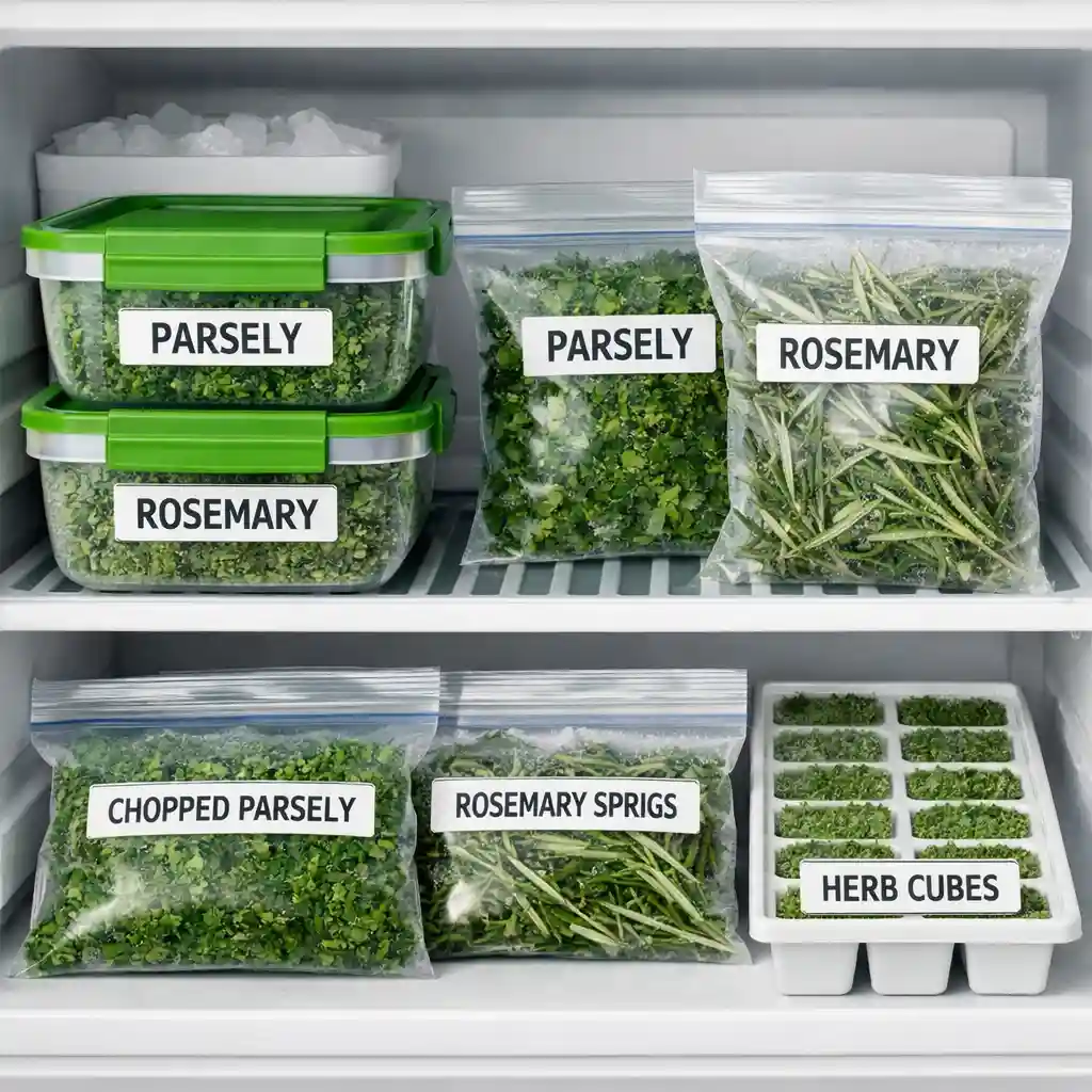 Ice cube tray filled with chopped fresh herbs frozen in water and olive oil