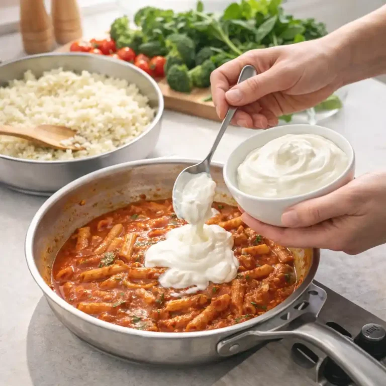 Preparing pasta with Greek yogurt sauce and cauliflower rice as part of low calorie recipe swaps