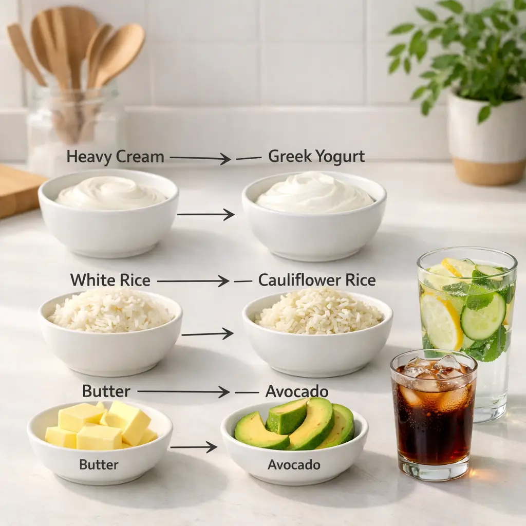 Healthy ingredient substitutions for low calorie recipe swaps displayed on a bright kitchen counter