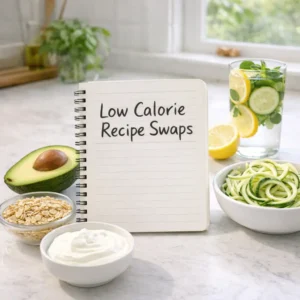 Kitchen notebook with low calorie recipe swaps surrounded by fresh whole ingredients
