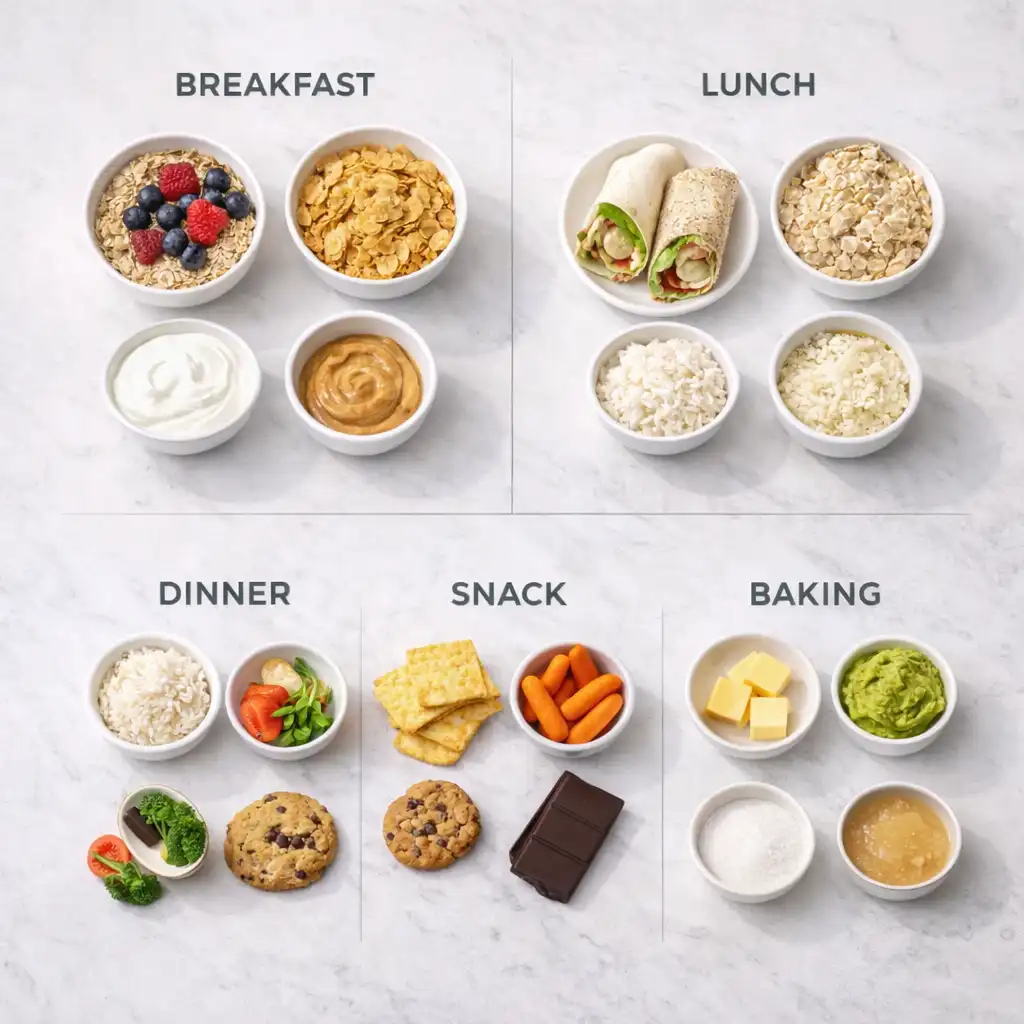 Organized healthy food layout showing breakfast, lunch, dinner and snack swaps