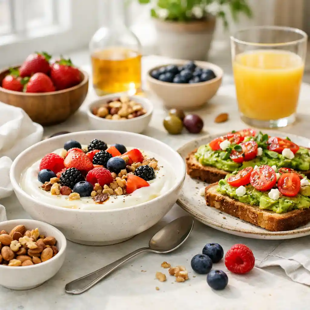 Mediterranean dinner plate with grilled salmon, brown rice and cucumber tomato salad