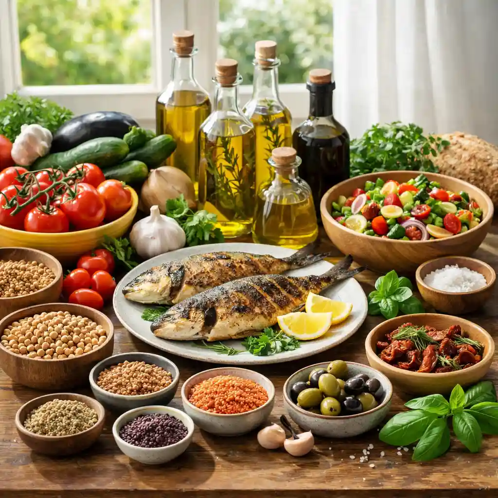 Mediterranean lifestyle food collage with vegetables, lentil soup and olive oil