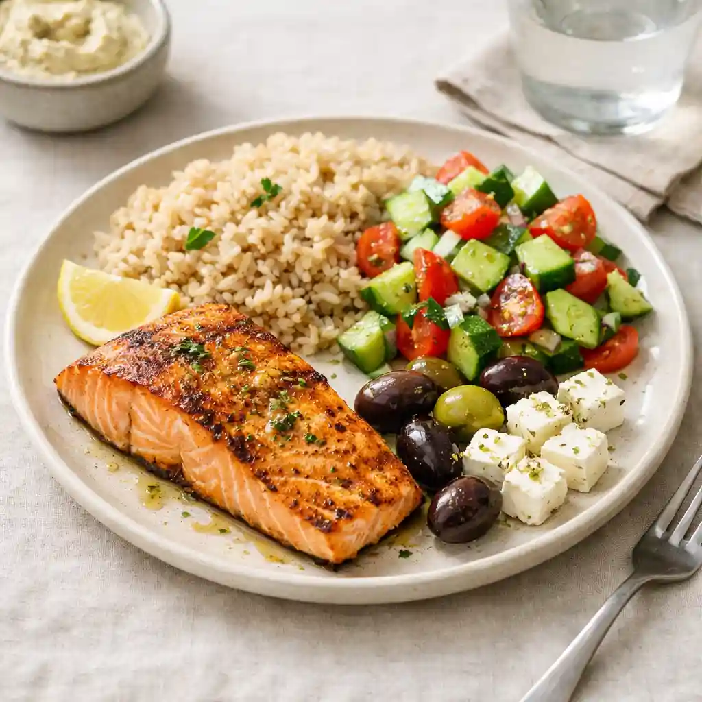 Mediterranean diet meal prep bowls with quinoa, salmon and roasted vegetables