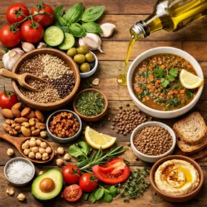 Mediterranean diet ingredients spread with vegetables, olive oil, grains and grilled fish