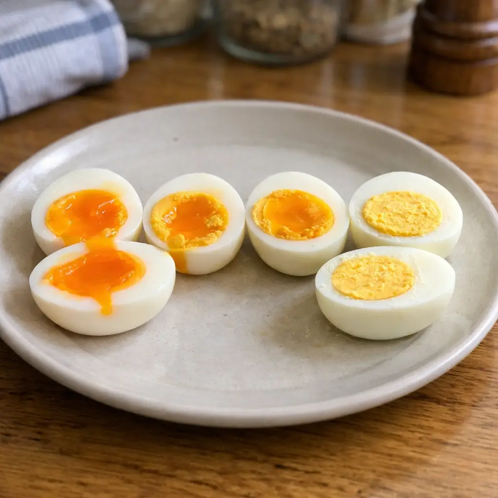 overhead shot of perfectly boiled eggs with soft, medium and hard yolks on rustic towel with salt bowl