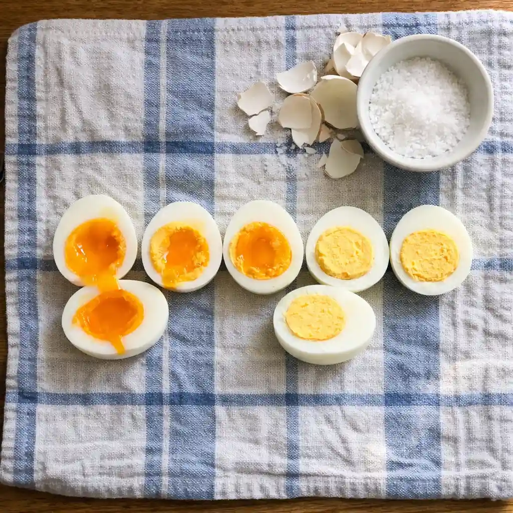 perfectly boiled eggs sliced in half showing soft, medium and hard yolks on a ceramic plate in natural light
