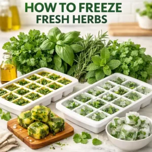 Washing and chopping fresh herbs before freezing in a bright kitchen