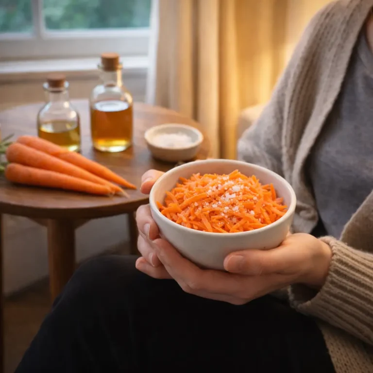 Cozy evening scene with bowl of raw carrot salad and fresh ingredients