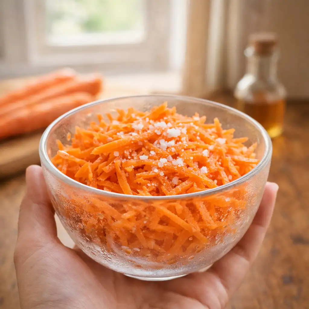 Hand holding raw carrot salad near sunny kitchen window