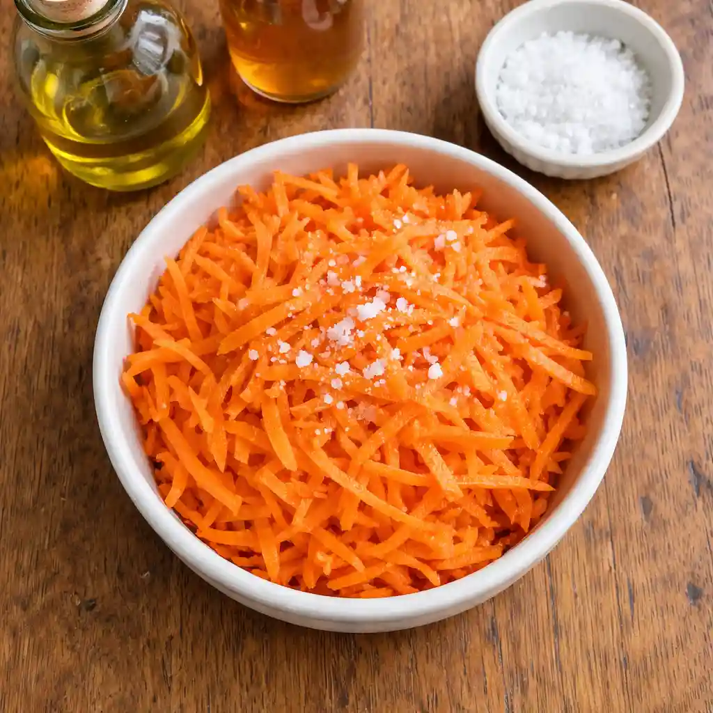 Top view of raw carrot salad with vinegar and olive oil