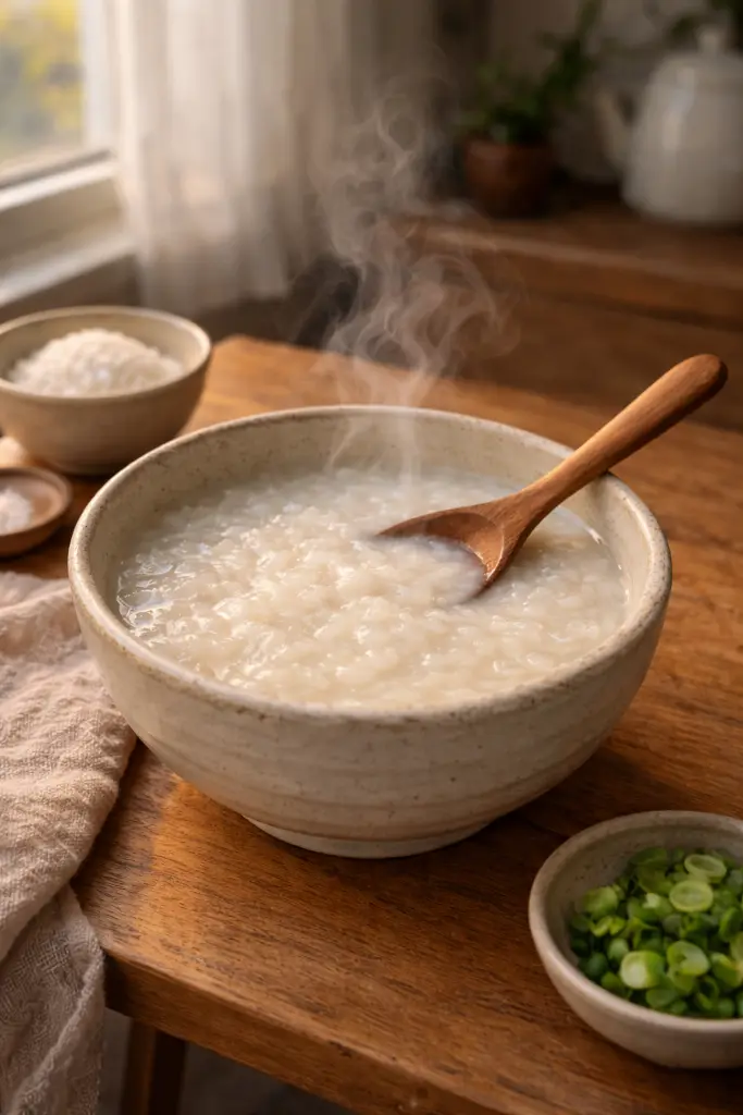 vertical pinterest style image of 3 ingredient congee breakfast bowl