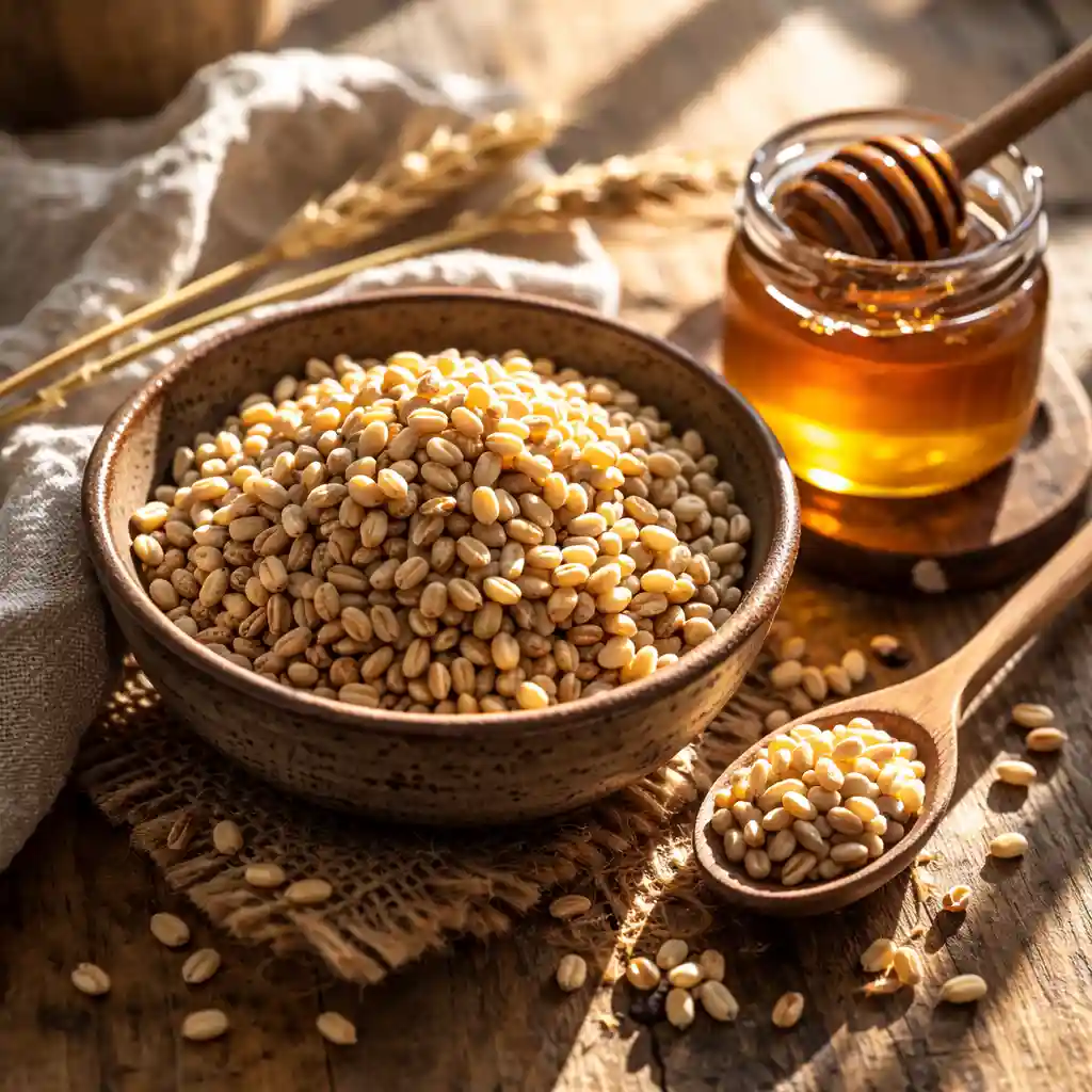 Close-up of barley grains and honey in a natural kitchen setting traditional barley water vs store bought