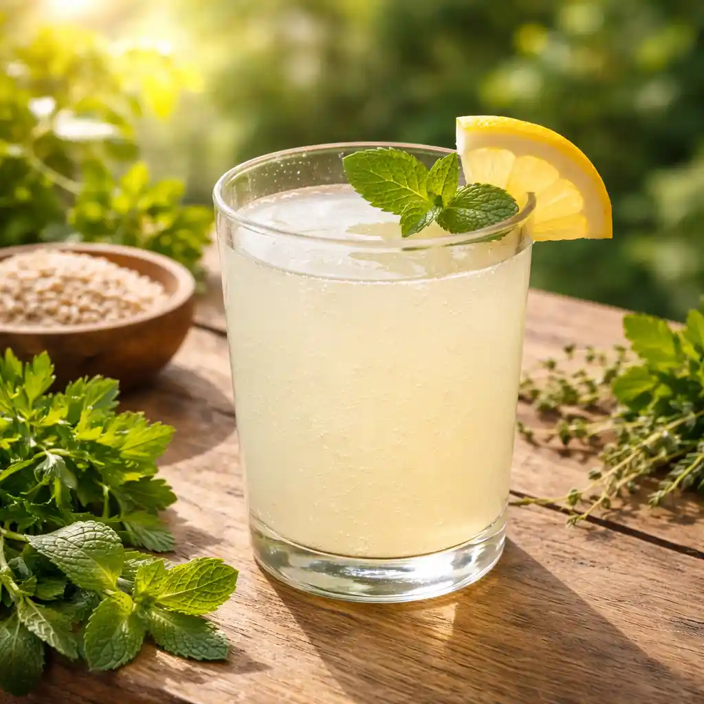 A glass of barley water placed outdoors with mint and lemon, surrounded by nature. barley water recipe