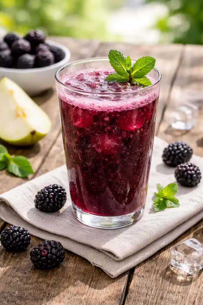 Glass of blackberry pear juice with mint garnish outdoors