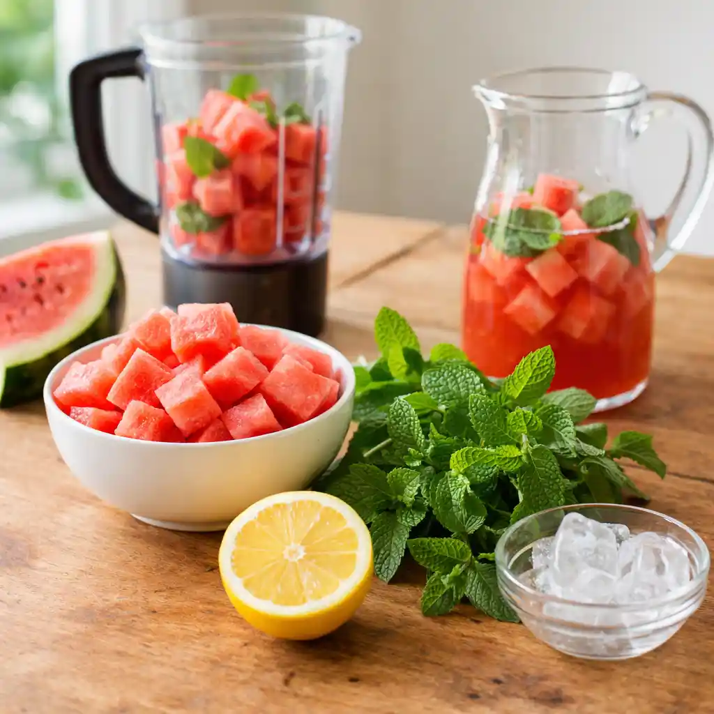 Blender making watermelon mint hydration drink with fresh watermelon and mint